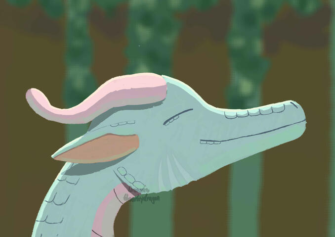 Hyacinth(oc) enjoying some sun A portrait of a pastel turquoise and pink dragon with her eyes closed and her head tilted up towards the light source. The background shows that she is in a forest.