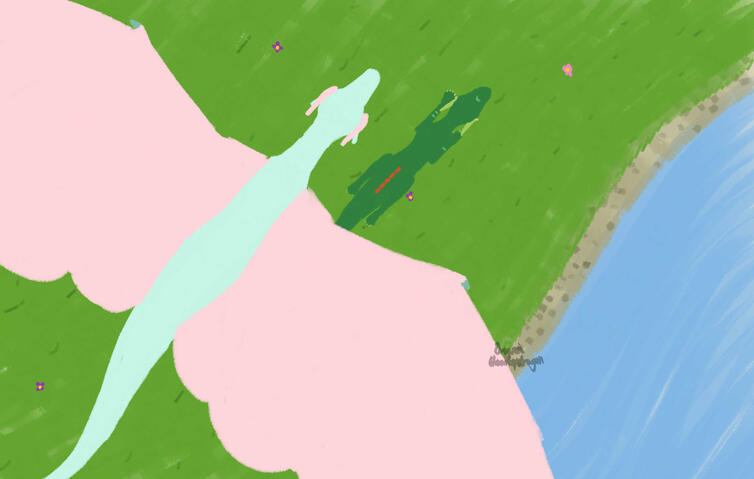 Hyacinth and Lydia racing A pastel turquoise and pink dragon flying over a green, wingless dragon who is running along a river.
