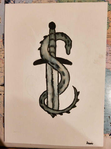 A small serpentine dragon wrapped around a short sword. Everything is in black and shades of grey.