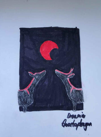 The silhouettes of two deer lit from above a red moon. The background is solid black.