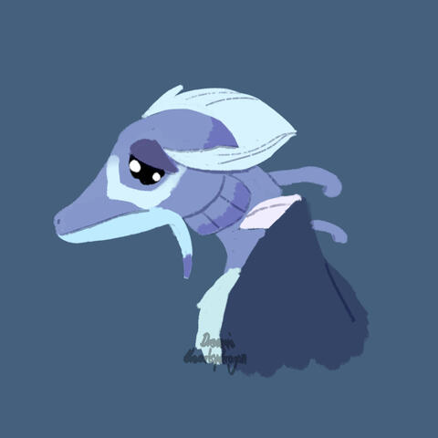 A partly furred dragon in various shades of blue with a constant sad face.