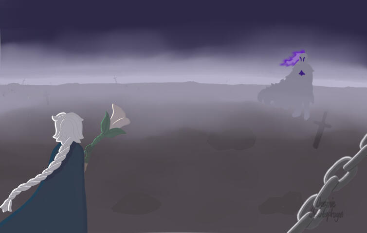 Confrontation between White Lily Cookie and Silent Salt Cookie. This was made based on trailers The characters White Lily Cookie and Silent Salt Cookie from the game CookieRun: Kindom staring each other down from across a foggy wasteland.