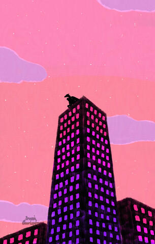 Inspired by a trip to Berlin The silhouette of a dragon sitting on top of a very high appartement building with purple and pink windows. The sky is pink and orange with purple clouds.