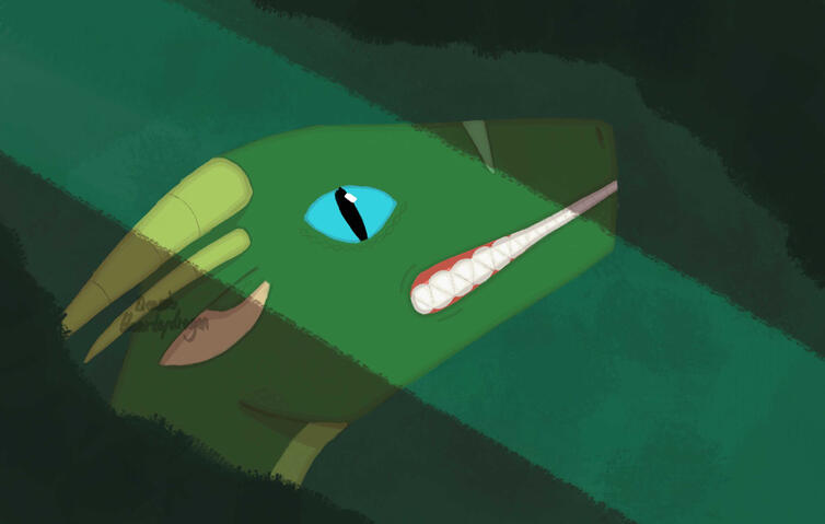An unhappy Lydia(oc) A headshot of a green dragon snarling while looking at the viewer. A beam of light Illuminates her face through implied foliage.