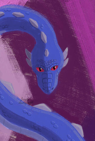 Blue Serpent digital painting A blue, serpentine dragon looking straight at the viewer. The background consists of pink and purple geometric shapes.
