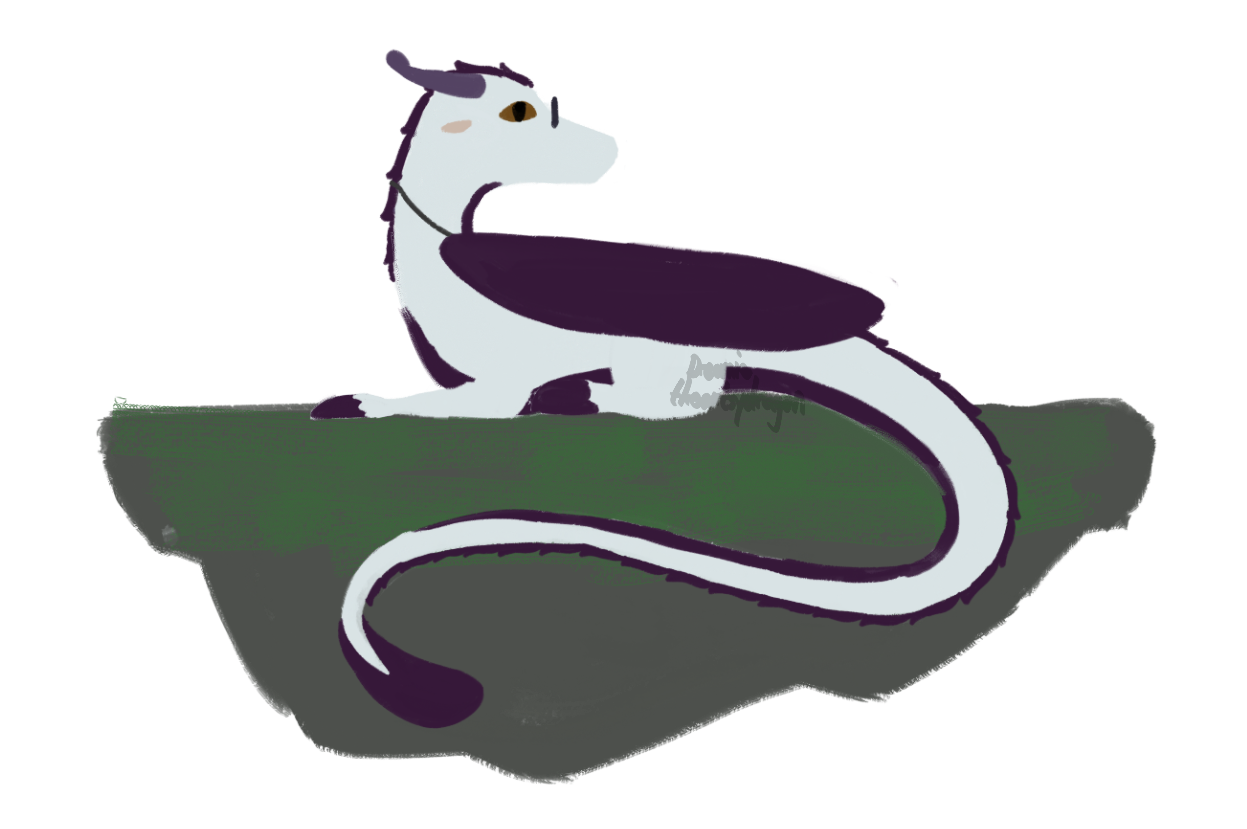 A flat illustration of a glasses-wearing silver and purple dragon laying down on a rock platform covered in moss. The only visible facial feature is the right eye, looking straight at the viewer